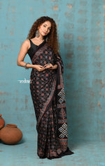 Thumbnail for Very Much Indian Handloom Modal Silk Saree With Ajrakh Handblock Print With Eco-Friendly Vegetable Dye- Black Hue - Distacart