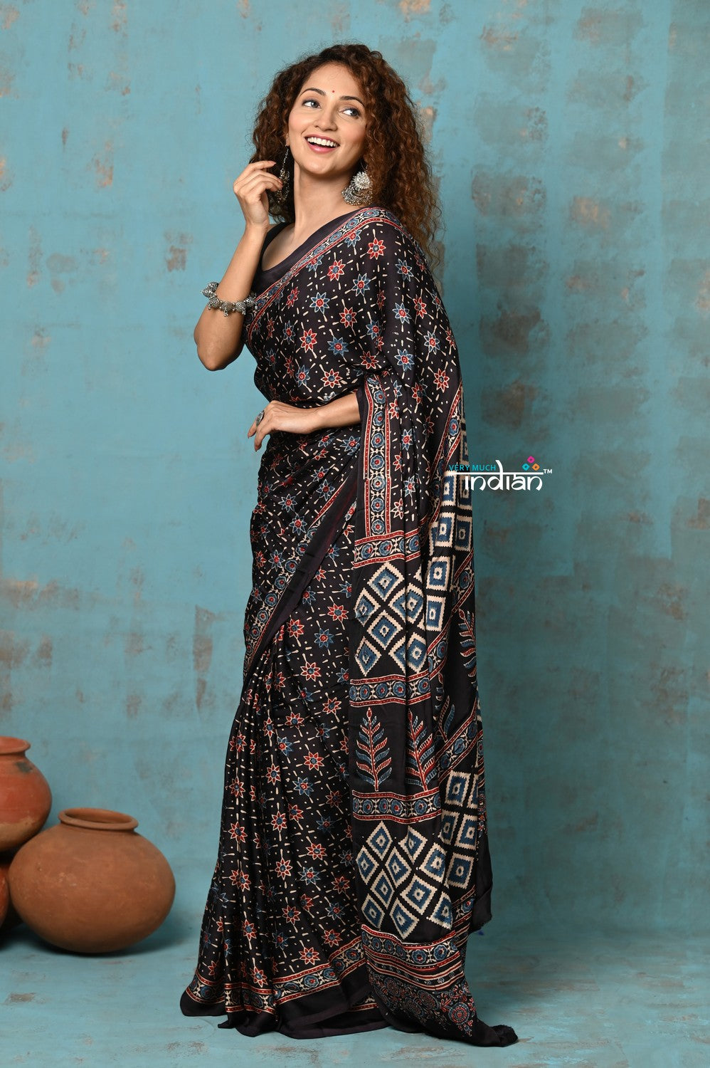 Very Much Indian Handloom Modal Silk Saree With Ajrakh Handblock Print With Eco-Friendly Vegetable Dye- Black Hue - Distacart