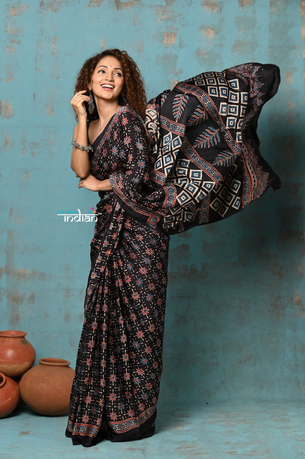 Very Much Indian Handloom Modal Silk Saree With Ajrakh Handblock Print With Eco-Friendly Vegetable Dye- Black Hue - Distacart