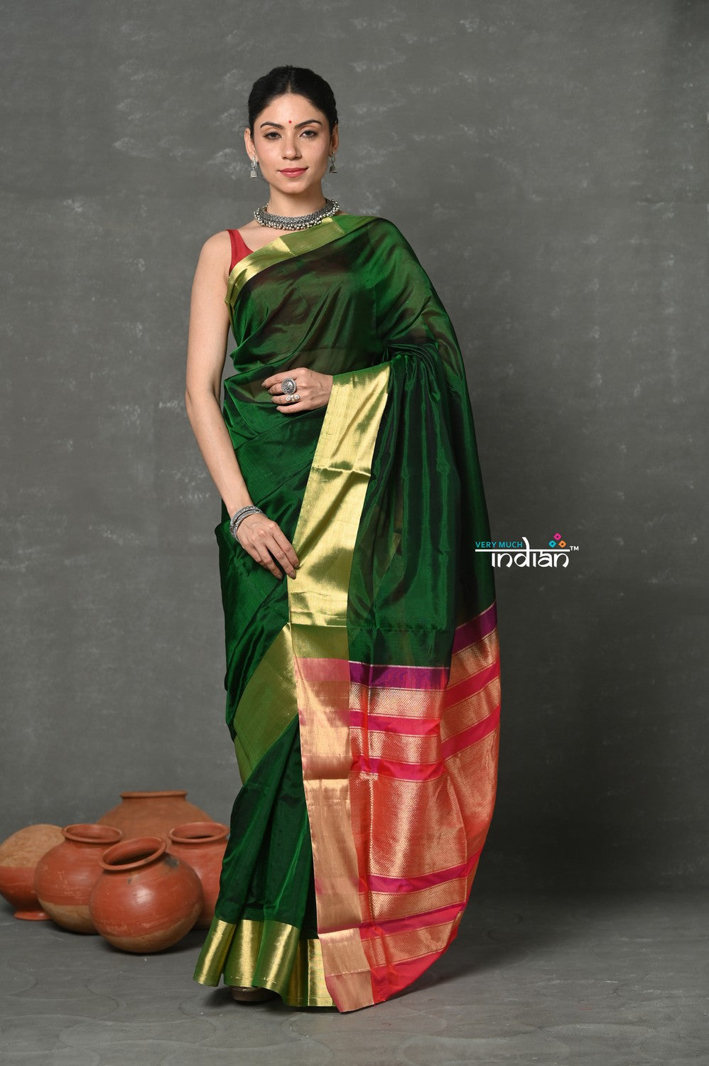 Very Much Indian Handloom Pure Cotton Silk Saree With Golden Border - Green - Distacart