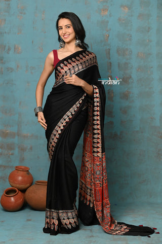 Very Much Indian Handloom Modal Silk Saree With Ajrakh Handblock Print With Eco-Friendly Vegetable Dye - Onyx Black - Distacart