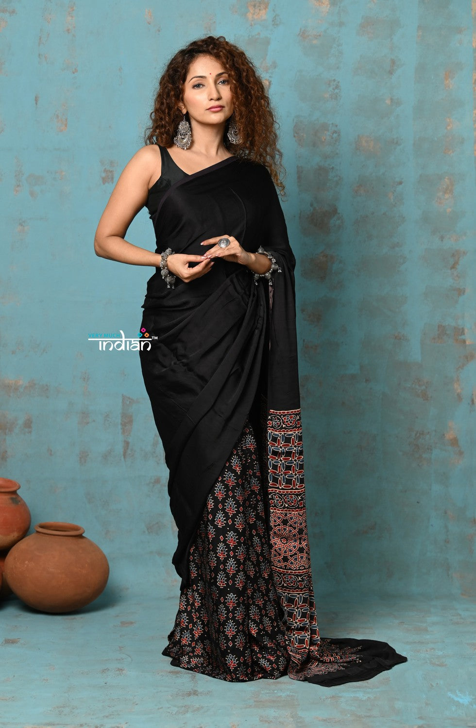 Very Much Indian Handloom Modal Silk Saree With Ajrakh Handblock Print With Eco-Friendly Vegetable Dye - Serene Black - Distacart