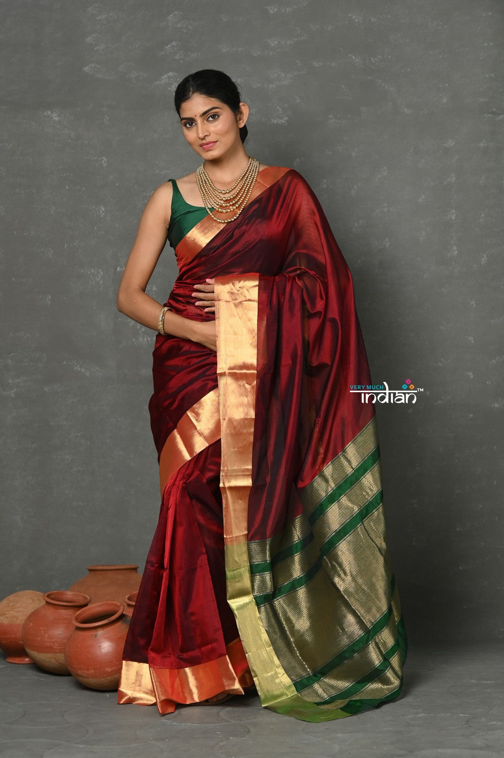 Very Much Indian Handloom Pure Cotton Silk Saree With Golden Border - Maroon - Distacart