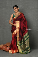 Thumbnail for Very Much Indian Handloom Pure Cotton Silk Saree With Golden Border - Maroon - Distacart
