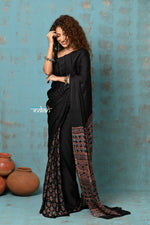 Thumbnail for Very Much Indian Handloom Modal Silk Saree With Ajrakh Handblock Print With Eco-Friendly Vegetable Dye - Serene Black - Distacart