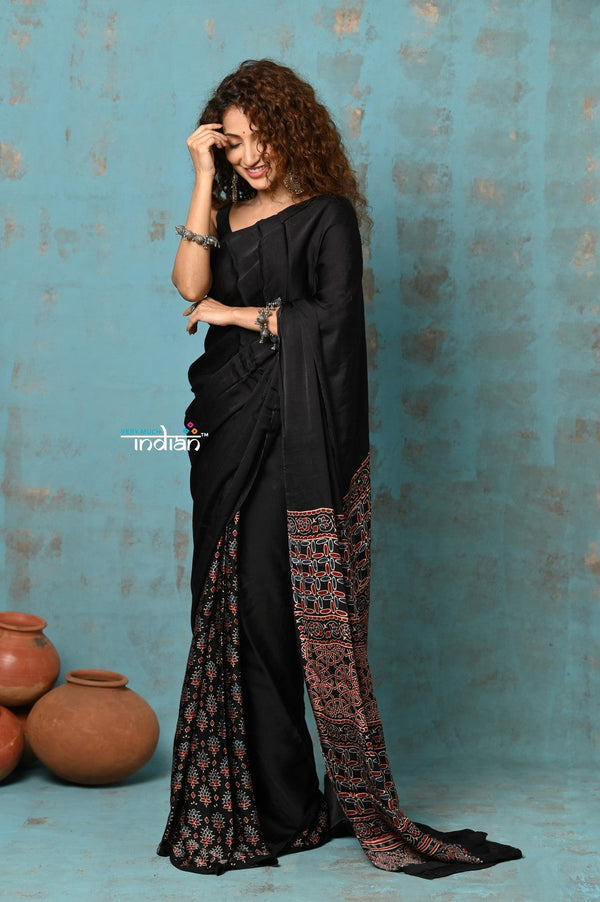 Very Much Indian Handloom Modal Silk Saree With Ajrakh Handblock Print With Eco-Friendly Vegetable Dye - Serene Black - Distacart