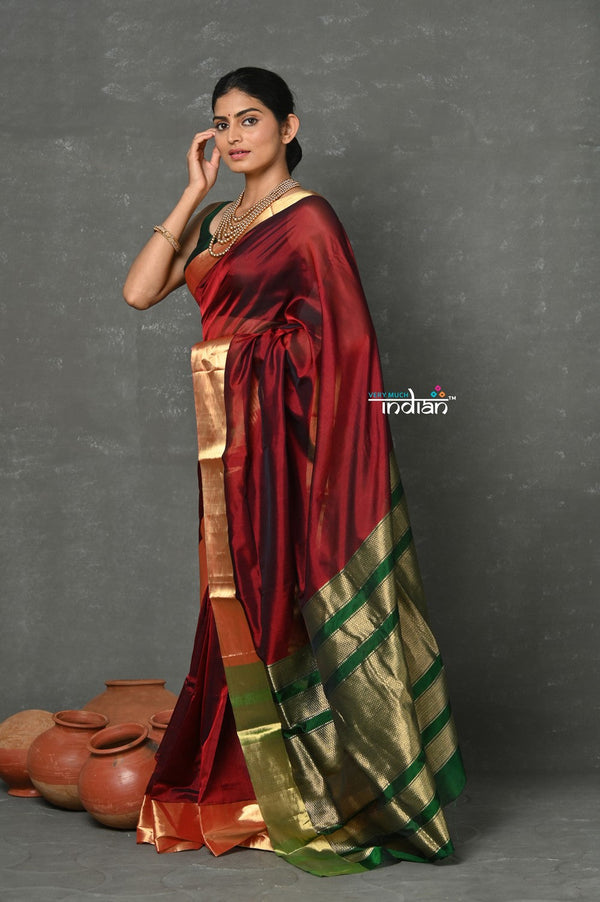 Very Much Indian Tyohaar - Handloom Pure Chanderi Cotton Silk Saree With Golden Border - Maroon - Distacart
