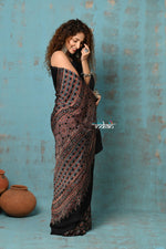 Thumbnail for Very Much Indian Handloom Modal Silk Saree With Ajrakh Handblock Print With Eco-Friendly Vegetable Dye - Serene Black - Distacart