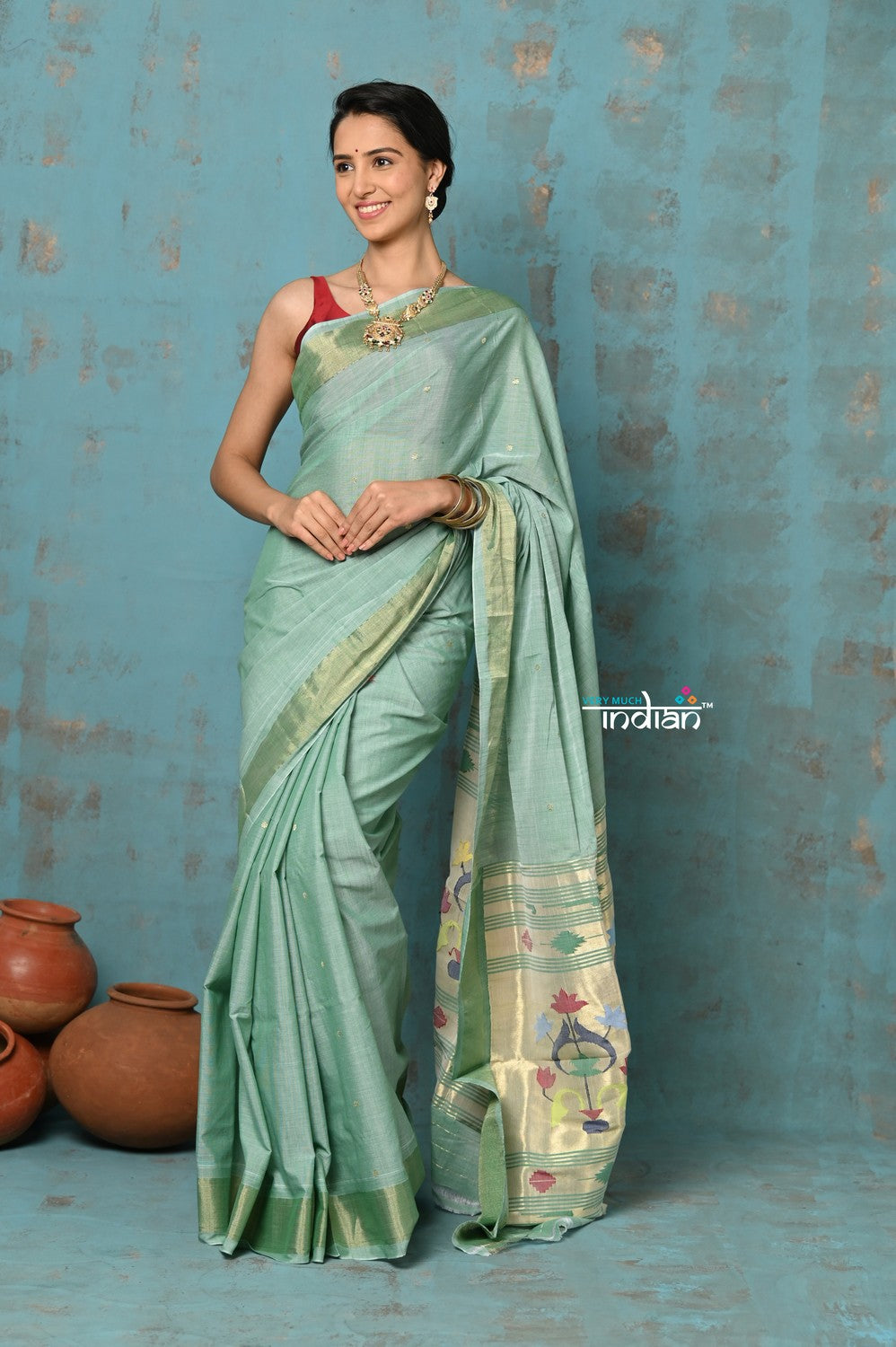 Very Much Indian Tyohaar - Handloom Pure Cotton Paithani With Asawali Pallu - Sea Green - Distacart