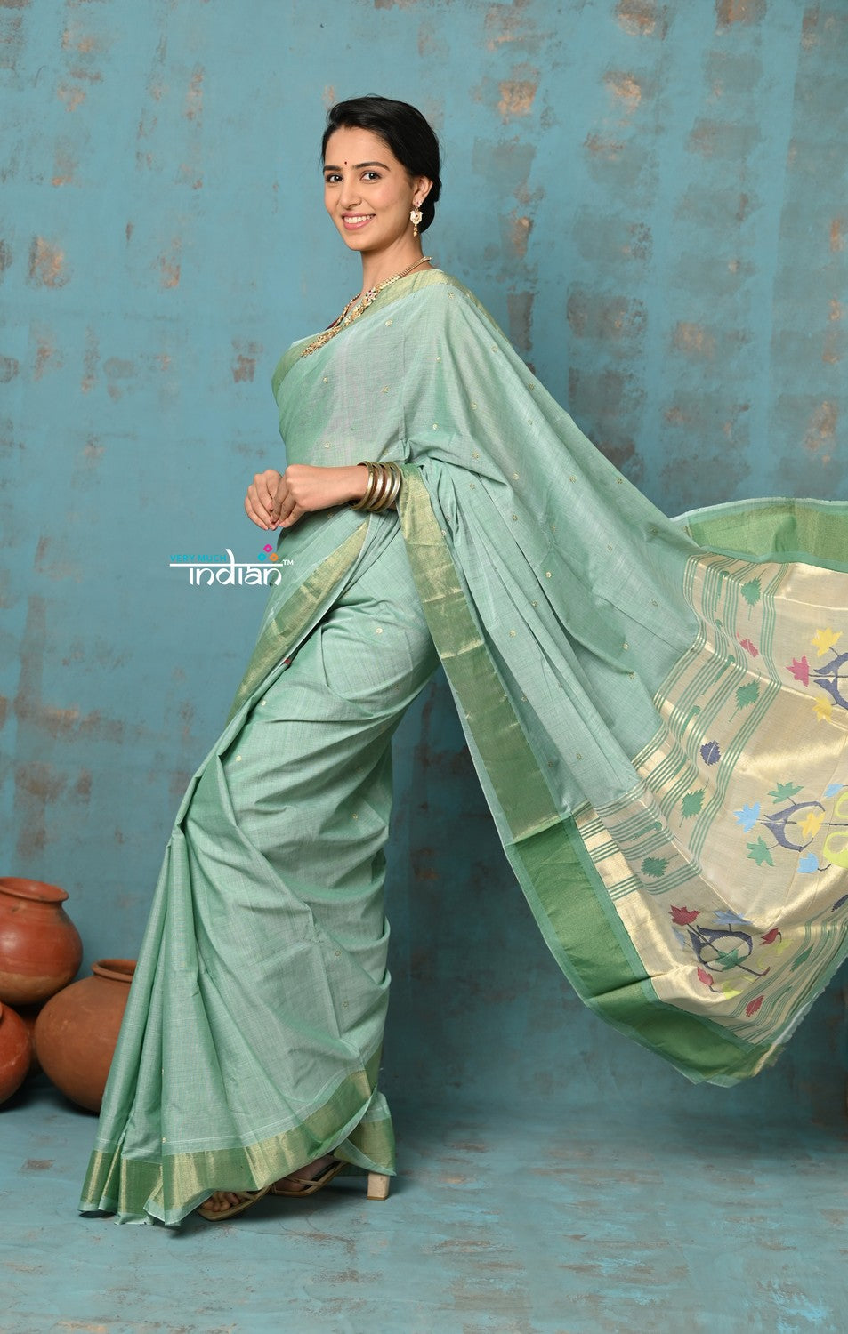 Very Much Indian Tyohaar - Handloom Pure Cotton Paithani With Asawali Pallu - Sea Green - Distacart