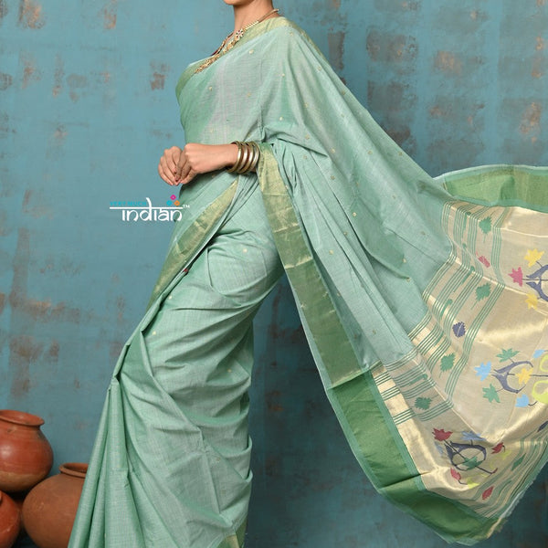 Very Much Indian Tyohaar - Handloom Pure Cotton Paithani With Asawali Pallu - Sea Green - Distacart