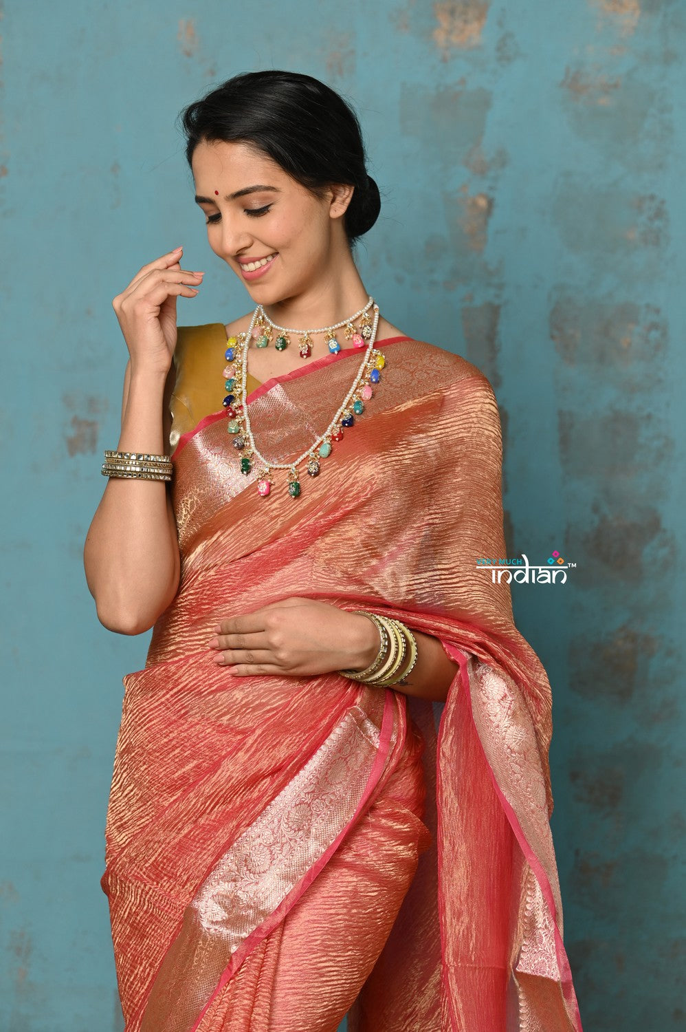 Very Much Indian Tyohaar - Exclusive! Banarasi Handloom Crushed - Pure Tissue Silk Saree - Serene Peachy Orange (Silk Mark Certified) - Distacart