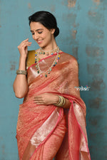 Thumbnail for Very Much Indian Tyohaar - Exclusive! Banarasi Handloom Crushed - Pure Tissue Silk Saree - Serene Peachy Orange (Silk Mark Certified) - Distacart