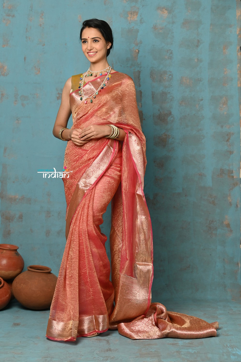 Very Much Indian Tyohaar - Exclusive! Banarasi Handloom Crushed - Pure Tissue Silk Saree - Serene Peachy Orange (Silk Mark Certified) - Distacart