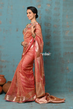 Thumbnail for Very Much Indian Tyohaar - Exclusive! Banarasi Handloom Crushed - Pure Tissue Silk Saree - Serene Peachy Orange (Silk Mark Certified) - Distacart