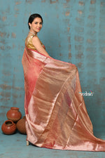 Thumbnail for Very Much Indian Tyohaar - Exclusive! Banarasi Handloom Crushed - Pure Tissue Silk Saree - Serene Peachy Orange (Silk Mark Certified) - Distacart