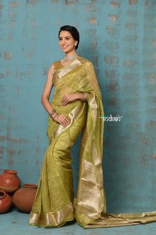 Very Much Indian Tyohaar - Exclusive! Banarasi Handloom Crushed Pure Tissue Silk Saree - Lime Green (Silk Mark Certified) - Distacart