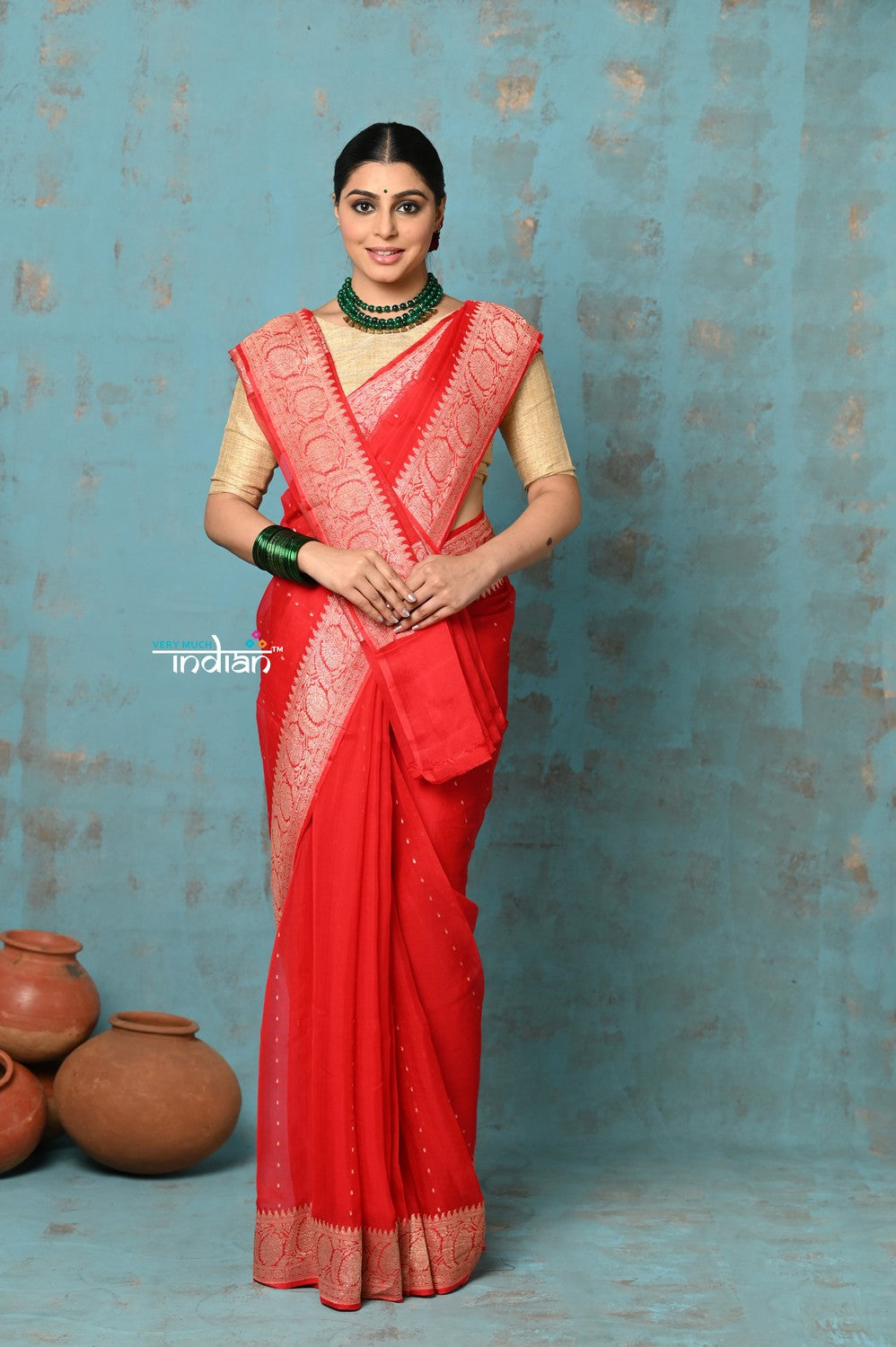 Very Much Indian Suhaani - Handloom Khaddi Georgette Saree With Sleek Border - Red (Silk Mark) - Distacart