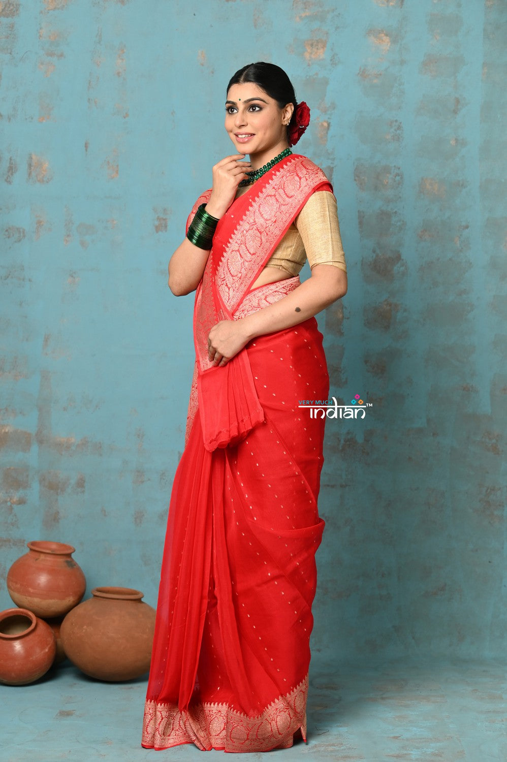 Very Much Indian Suhaani - Handloom Khaddi Georgette Saree With Sleek Border - Red (Silk Mark) - Distacart