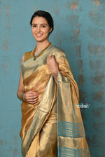 Thumbnail for Very Much Indian Tyohaar - Exquisite Golden Pure Tissue Saree With Sea Blue Border - Distacart
