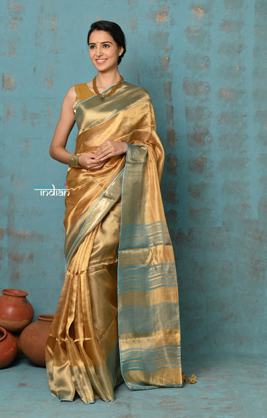 Very Much Indian Tyohaar - Exquisite Golden Pure Tissue Saree With Sea Blue Border - Distacart