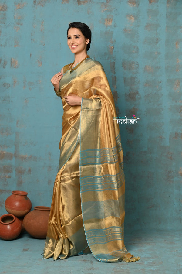 Very Much Indian Tyohaar - Exquisite Golden Pure Tissue Saree With Sea Blue Border - Distacart
