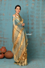 Thumbnail for Very Much Indian Tyohaar - Exquisite Golden Pure Tissue Saree With Sea Blue Border - Distacart