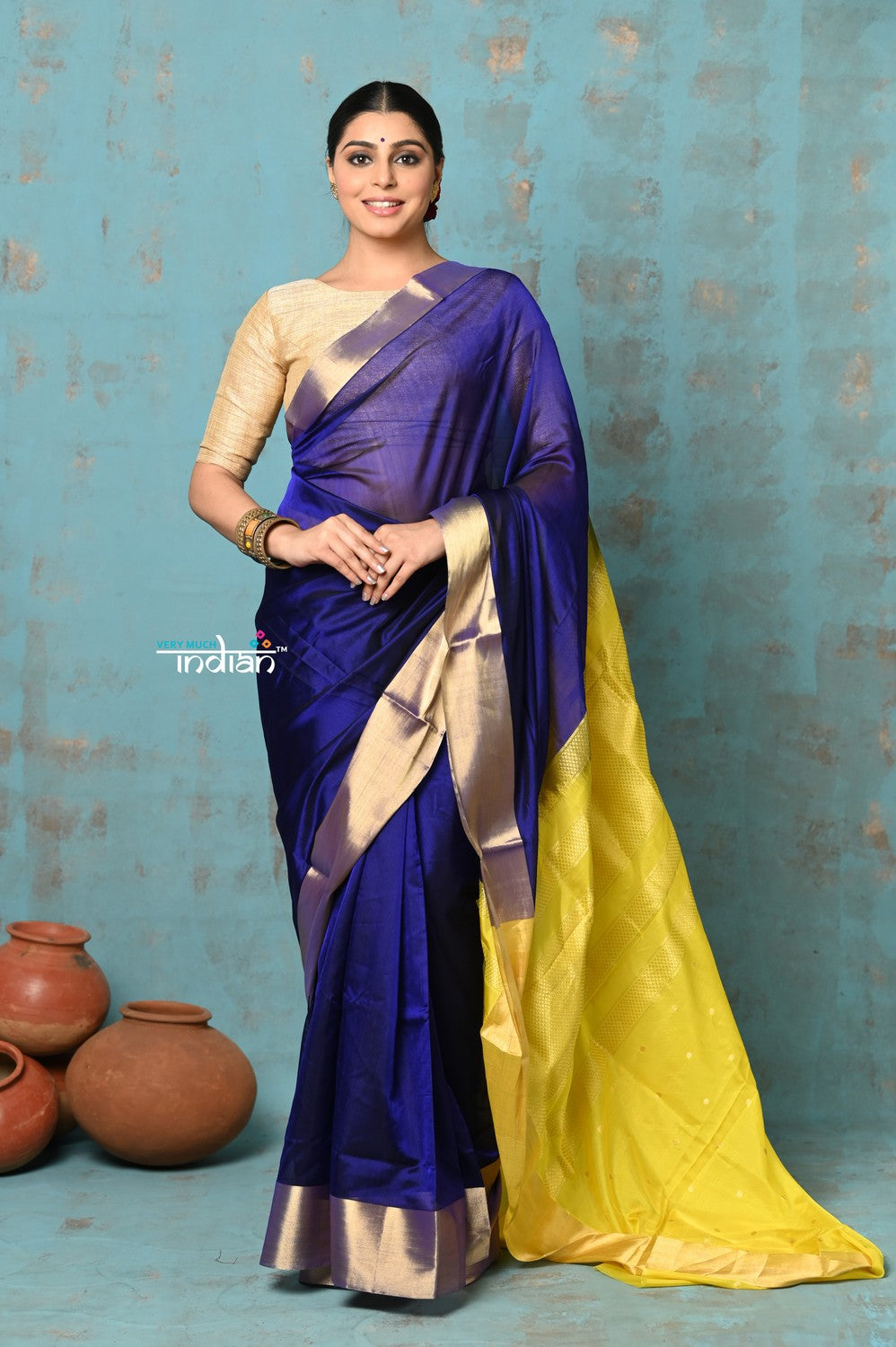 Very Much Indian Prerna - Handloom Pure Chanderi Cotton Silk Saree With Golden Border - Royal Blue - Distacart