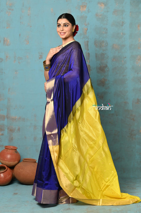 Very Much Indian Prerna - Handloom Pure Chanderi Cotton Silk Saree With Golden Border - Royal Blue - Distacart