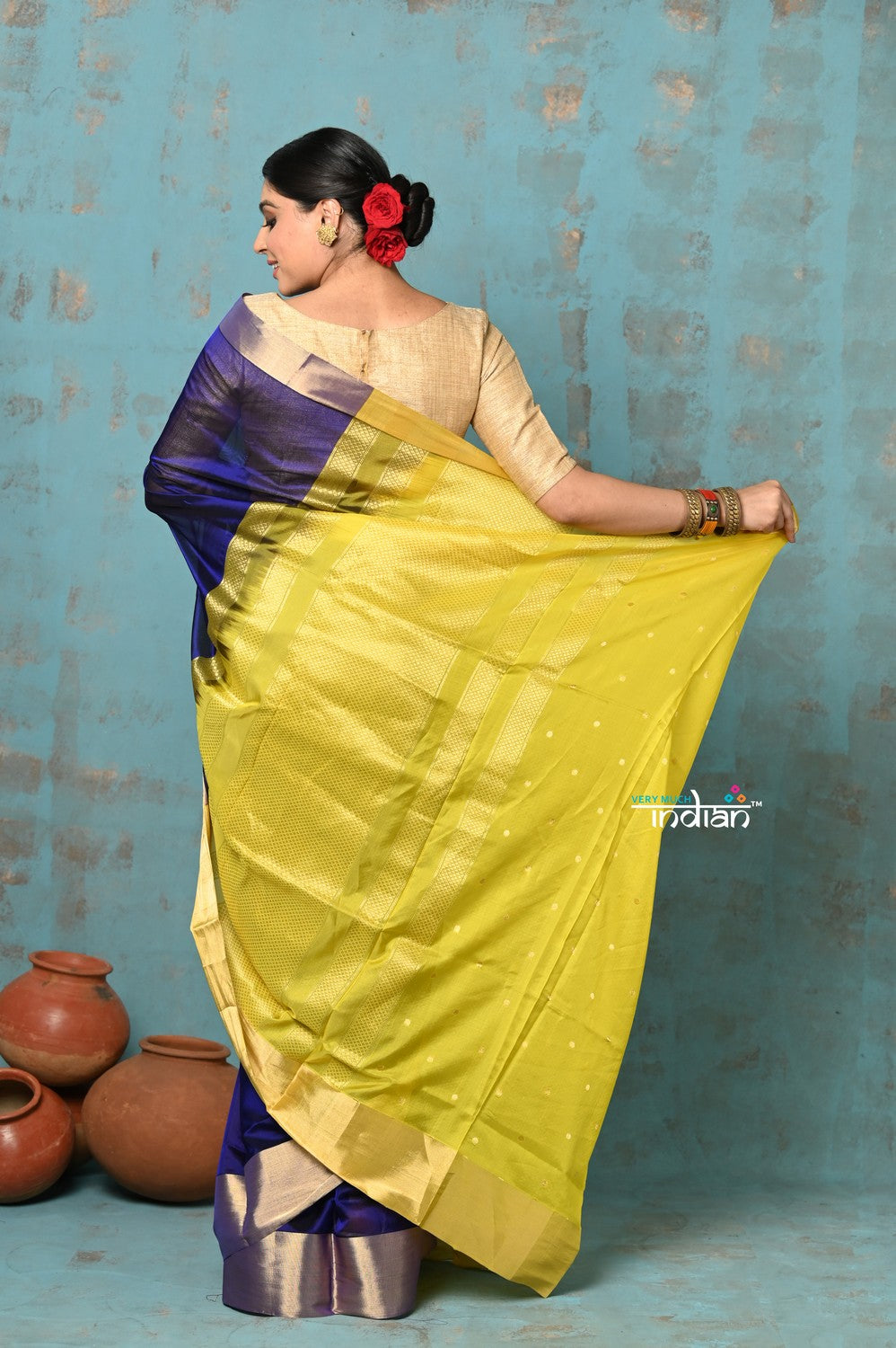 Very Much Indian Prerna - Handloom Pure Chanderi Cotton Silk Saree With Golden Border - Royal Blue - Distacart