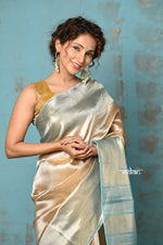 Thumbnail for Very Much Indian Tyohaar - Exquisite Beige Golden Pure Tissue Saree With Sea Blue Border - Distacart