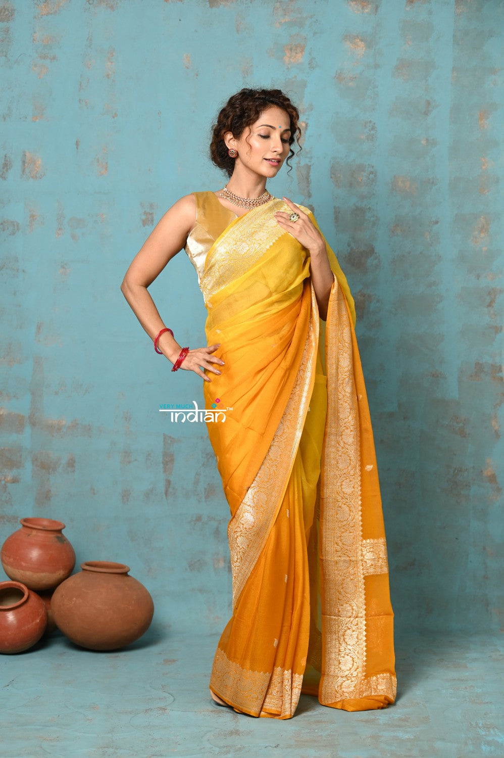 Very Much Indian Suhaani - Handloom Khaddi Georgette Saree With Sleek Border - Ombre Yellow (Silk Mark) - Distacart