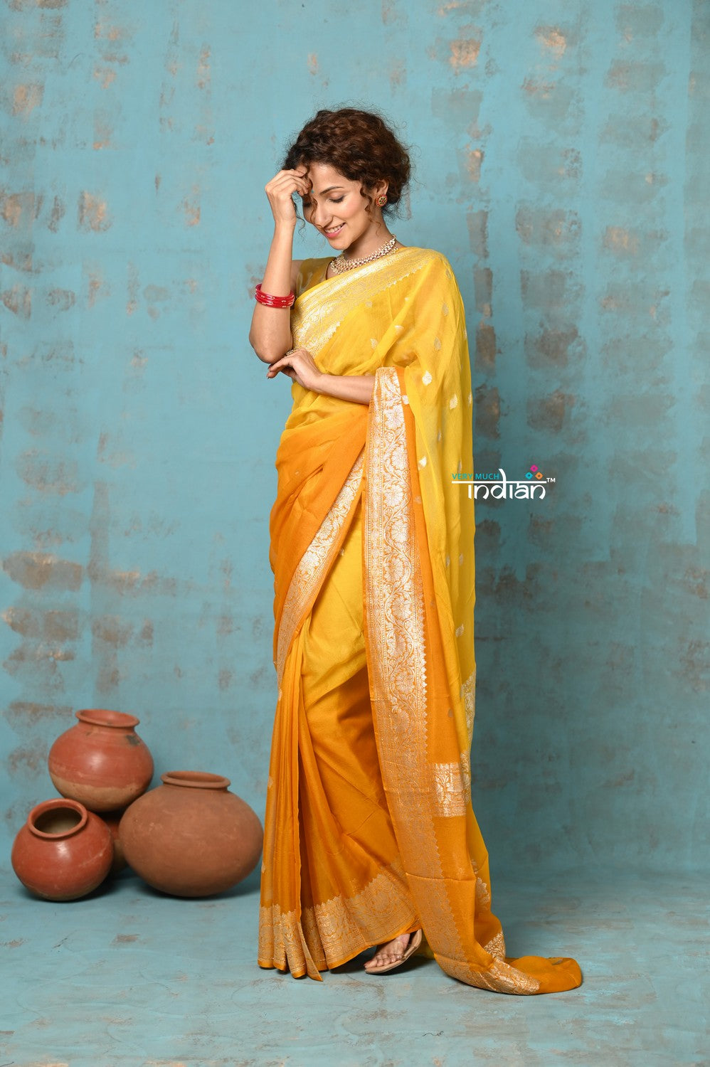 Very Much Indian Suhaani - Handloom Khaddi Georgette Saree With Sleek Border - Ombre Yellow (Silk Mark) - Distacart