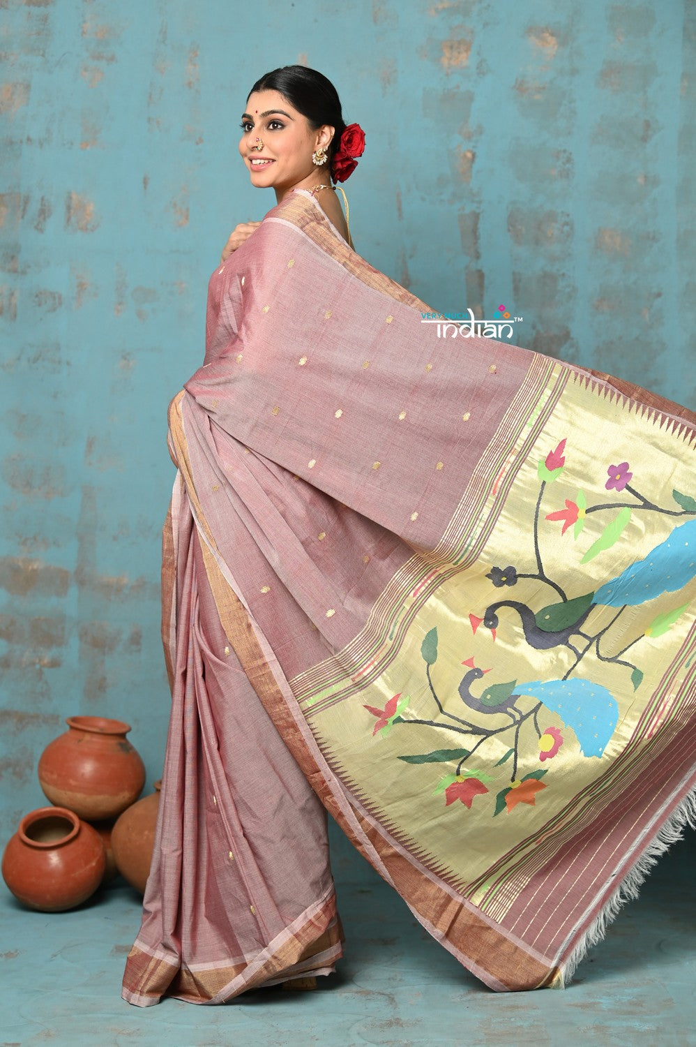 Very Much Indian Tyohaar - Handloom Pure Cotton Paithani With Peacock Pallu - Rose Gold - Distacart