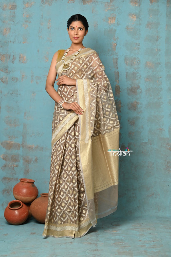 Very Much Indian Tejaswi - Exclusive High Quality Handloom Banarasi Cotton Saree with Beautiful Abstract Print- Warm Slate - Distacart