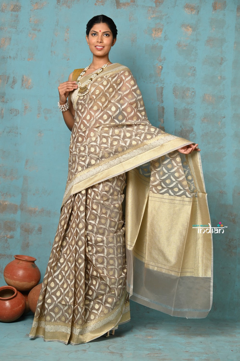 Very Much Indian Tejaswi - Exclusive High Quality Handloom Banarasi Cotton Saree with Beautiful Abstract Print- Warm Slate - Distacart