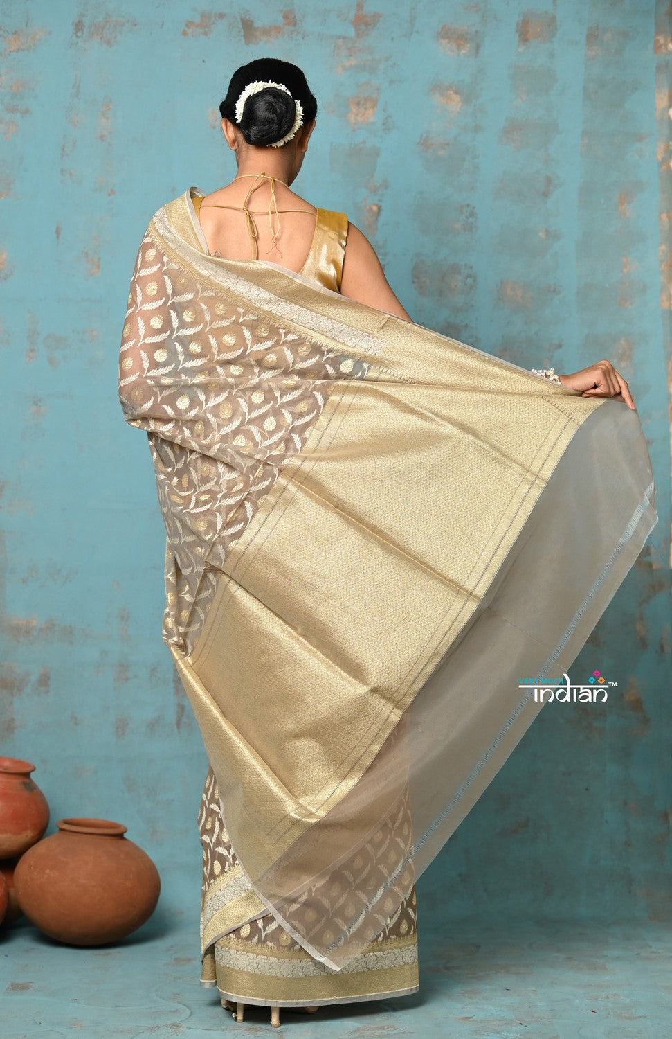Very Much Indian Tejaswi - Exclusive High Quality Handloom Banarasi Cotton Saree with Beautiful Abstract Print- Warm Slate - Distacart