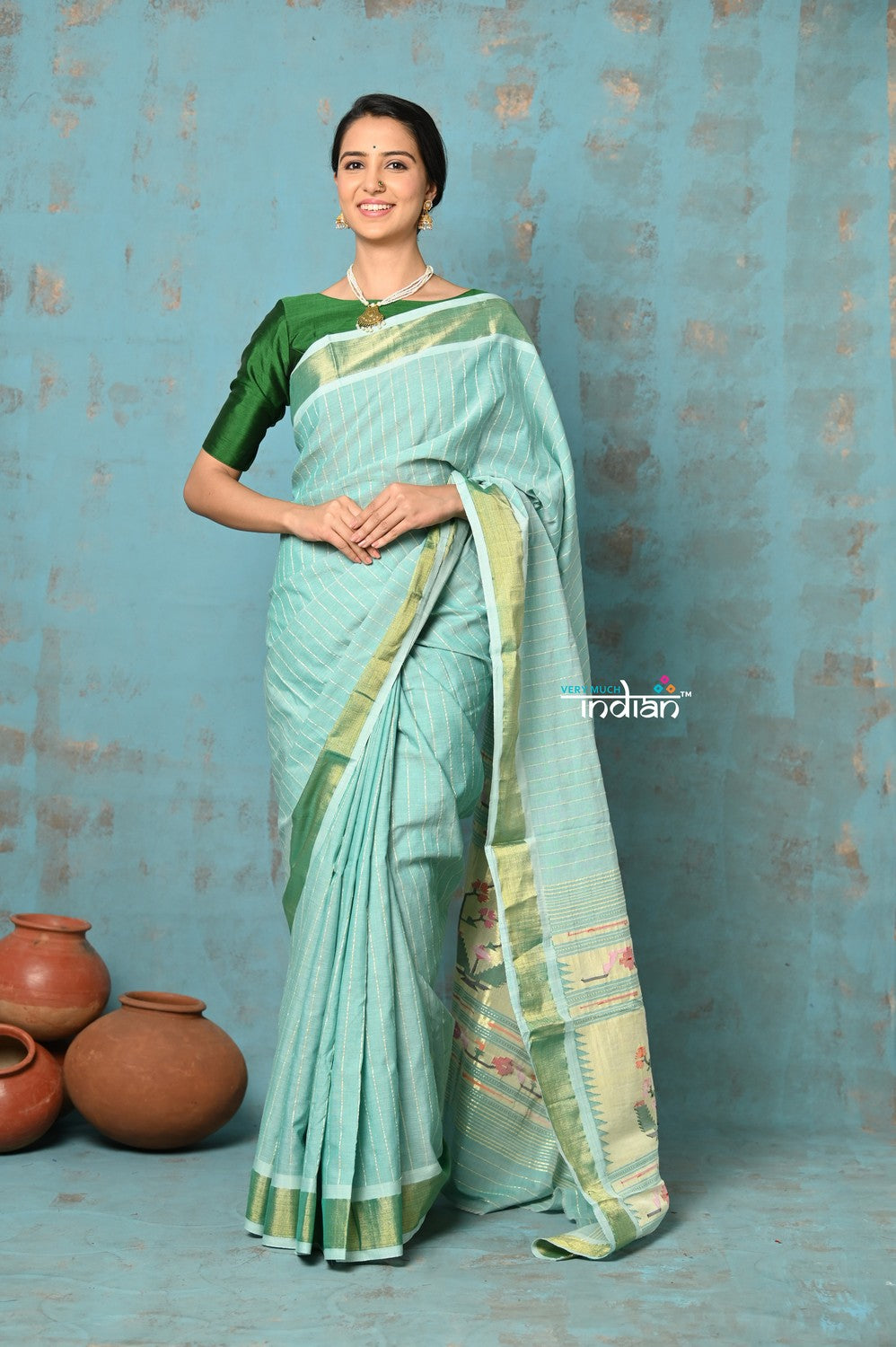 Very Much Indian Tyohaar - Handloom Pure Cotton Paithani With Revival Asawali Pallu - Sea Blue - Distacart
