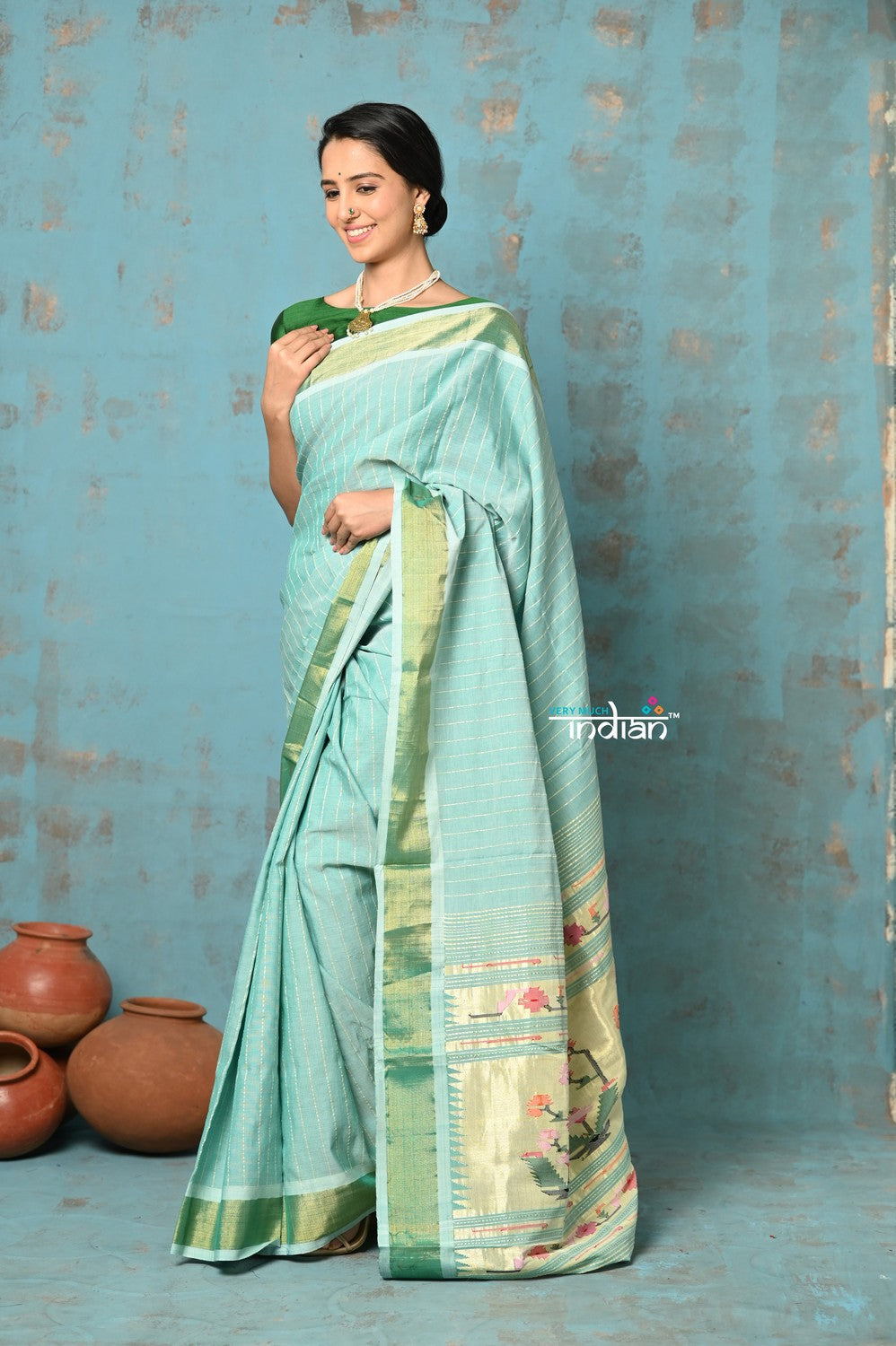 Very Much Indian Tyohaar - Handloom Pure Cotton Paithani With Revival Asawali Pallu - Sea Blue - Distacart