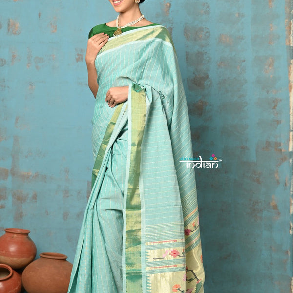 Very Much Indian Tyohaar - Handloom Pure Cotton Paithani With Revival Asawali Pallu - Sea Blue - Distacart