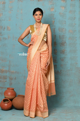 Very Much Indian Tejaswi - Exclusive High Quality Handloom Banarasi Cotton Saree with Beautiful Abstract Print- Peach - Distacart