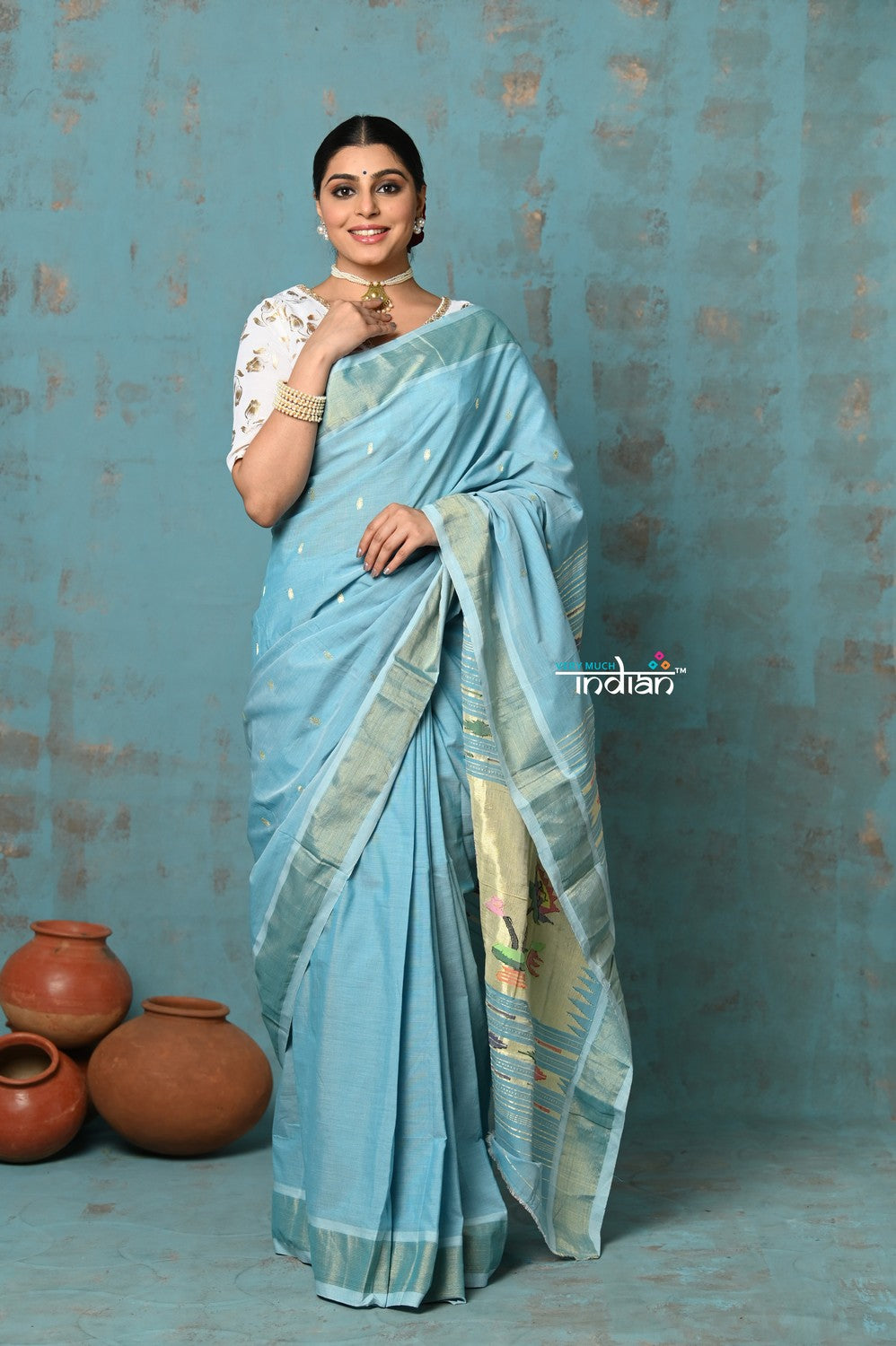 Very Much Indian Tyohaar - Handloom Pure Cotton Paithani With Lotus Pallu - Sky Blue - Distacart