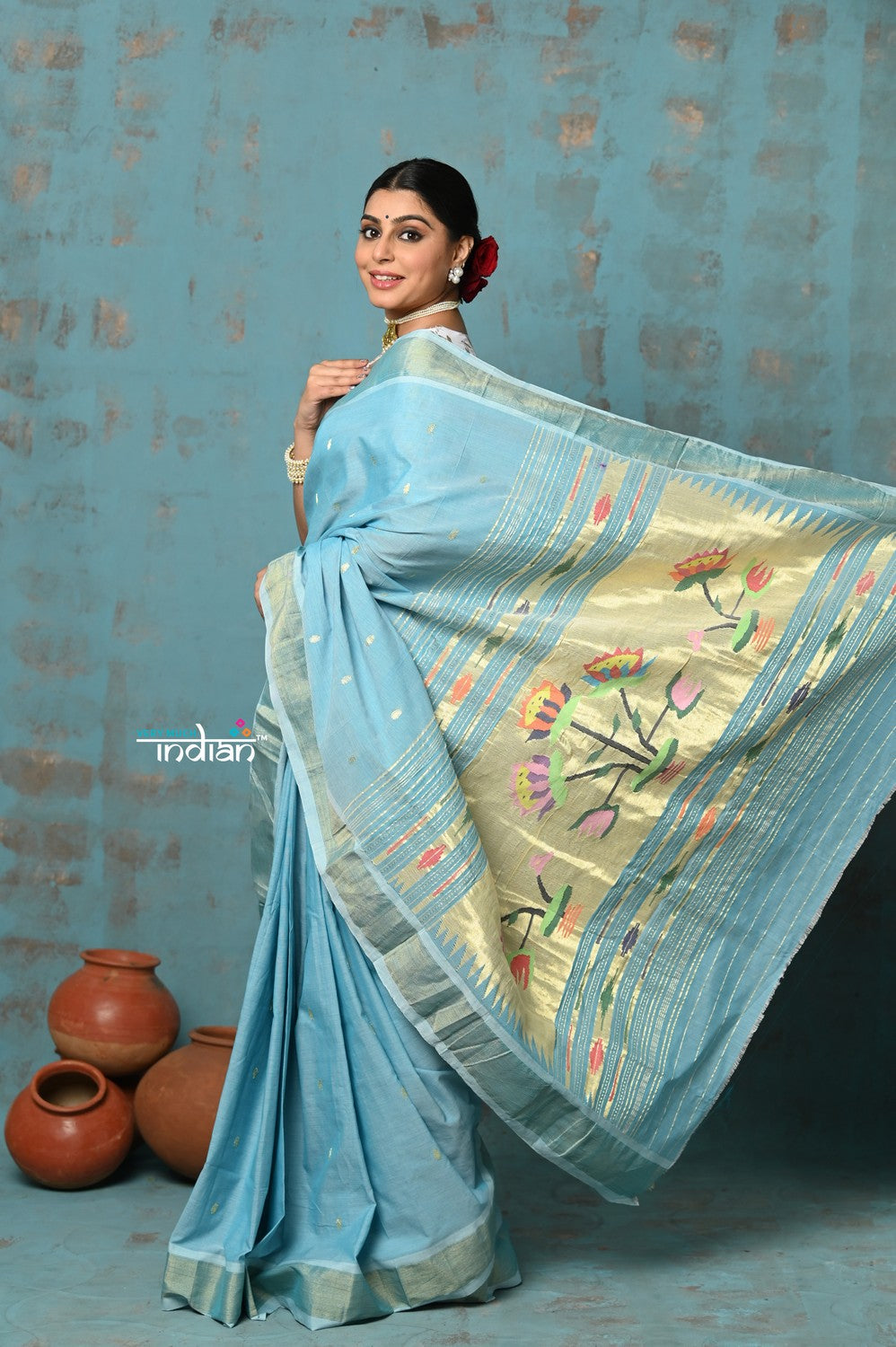 Very Much Indian Tyohaar - Handloom Pure Cotton Paithani With Lotus Pallu - Sky Blue - Distacart
