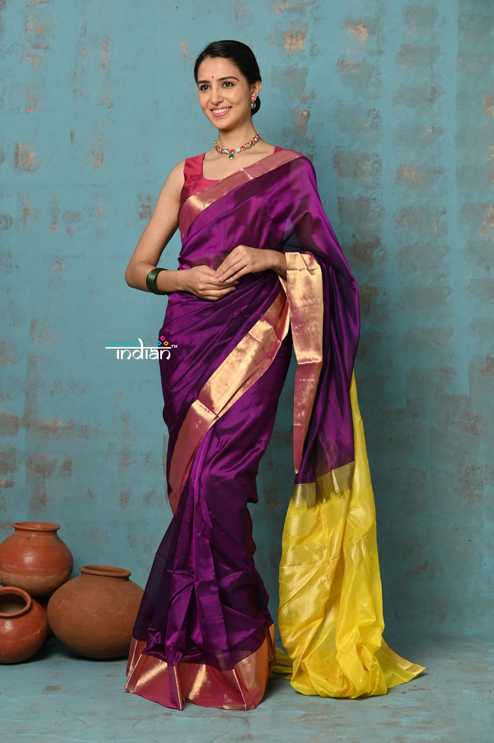Very Much Indian Prerna - Handloom Pure Chanderi Cotton Silk Saree With Golden Border - Soft Plum - Distacart