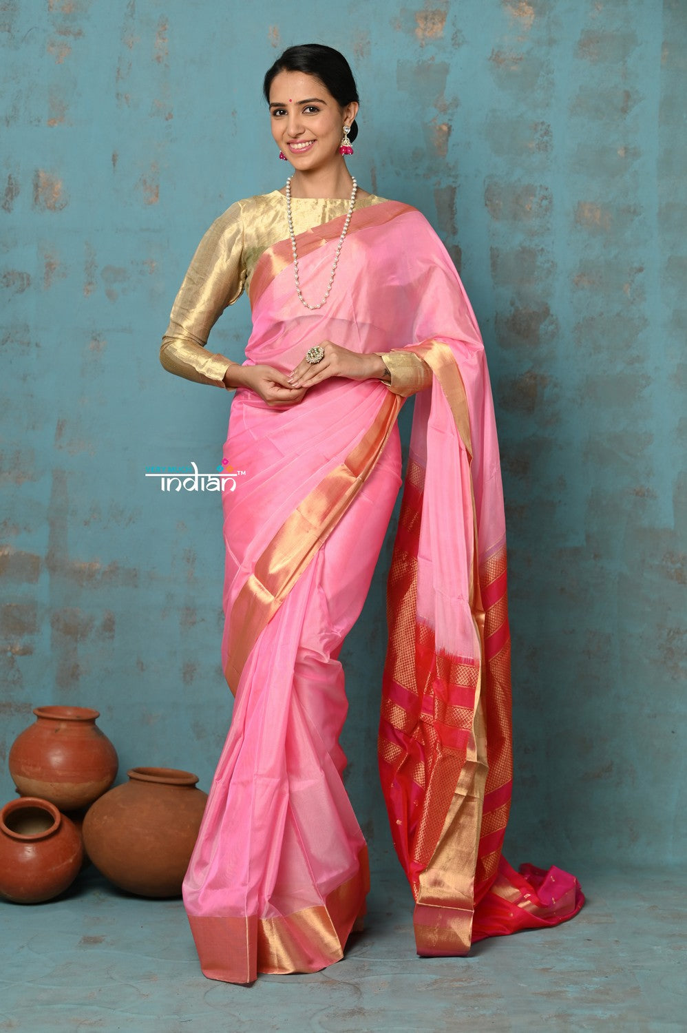 Very Much Indian Prerna - Handloom Pure Chanderi Cotton Silk Saree With Golden Border - Feather Pink - Distacart