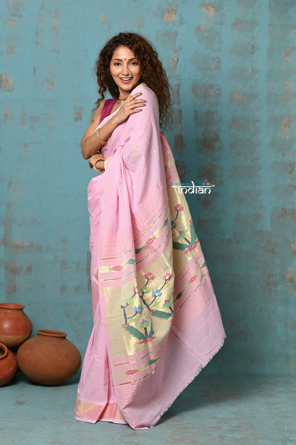 Very Much Indian Tyohaar - Handloom Pure Cotton Paithani With Asawali Pallu - Feather Pink - Distacart