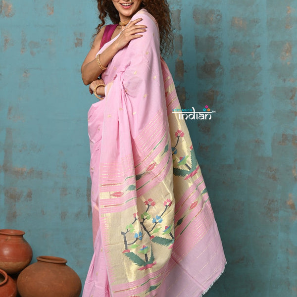 Very Much Indian Tyohaar - Handloom Pure Cotton Paithani With Asawali Pallu - Feather Pink - Distacart