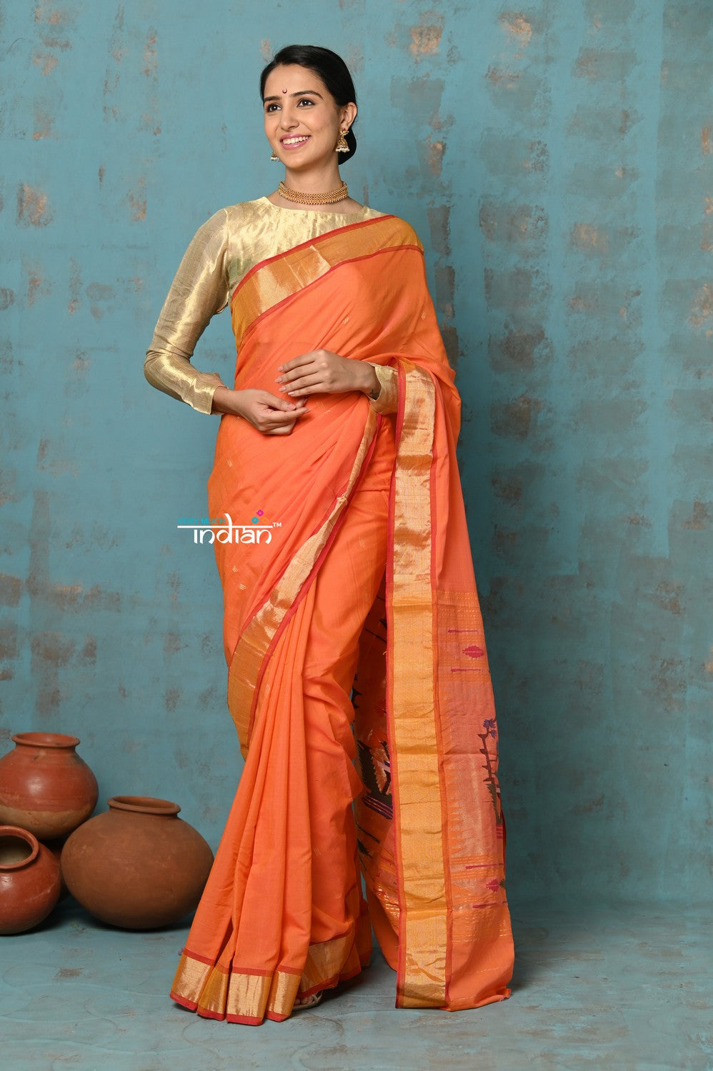 Very Much Indian Tyohaar - Handloom Pure Cotton Paithani With Asawali Pallu - Serene Orange - Distacart