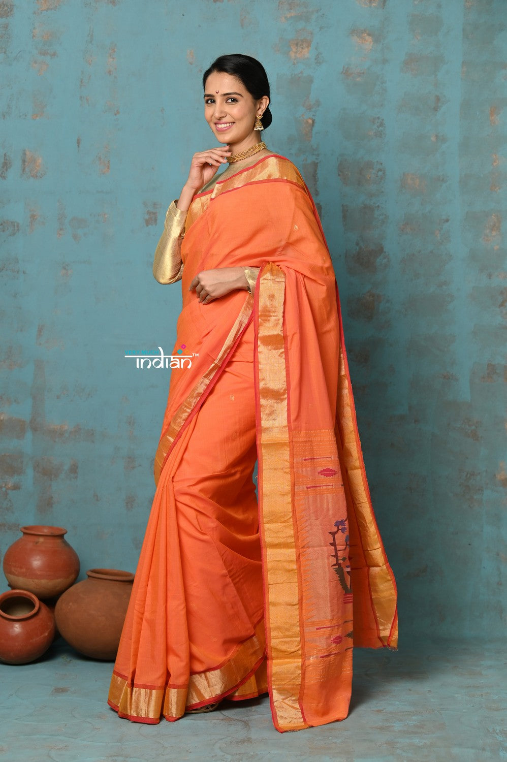 Very Much Indian Tyohaar - Handloom Pure Cotton Paithani With Asawali Pallu - Serene Orange - Distacart