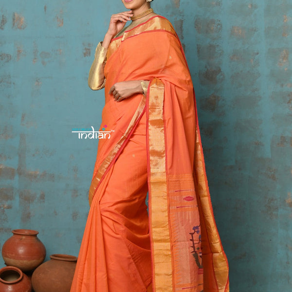 Very Much Indian Tyohaar - Handloom Pure Cotton Paithani With Asawali Pallu - Serene Orange - Distacart